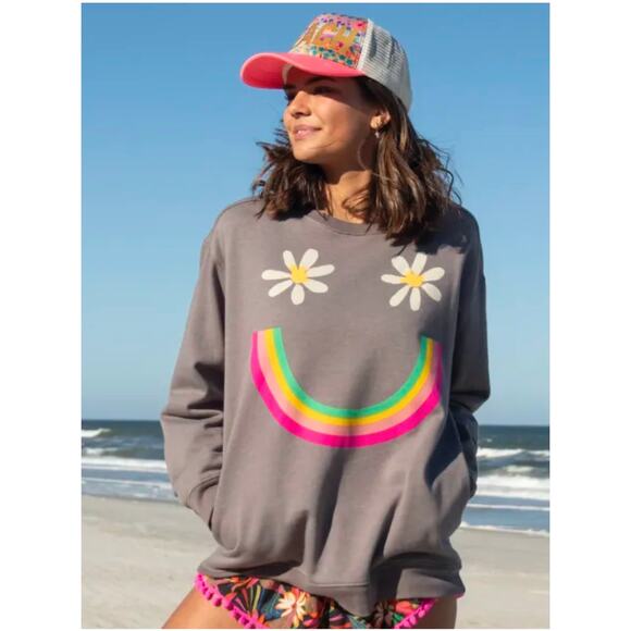 Natural life boho comfy retro casual smiley face sweatshirt with pockets small - Picture 1 of 9